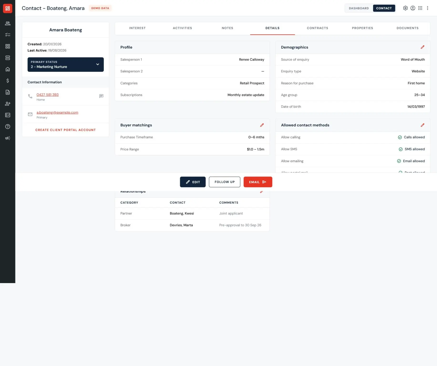 A contact's full profile in SalesCRM — demographics, buyer matching criteria and relationships all organised in one place.