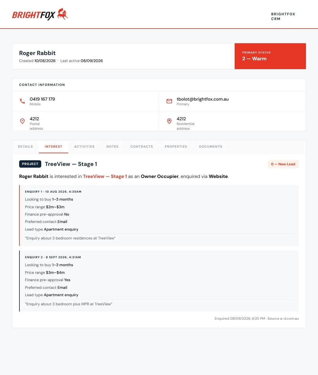 Enquiry details captured against a contact's profile, including price range, finance pre-approval and lead type — the detail that powers classification.