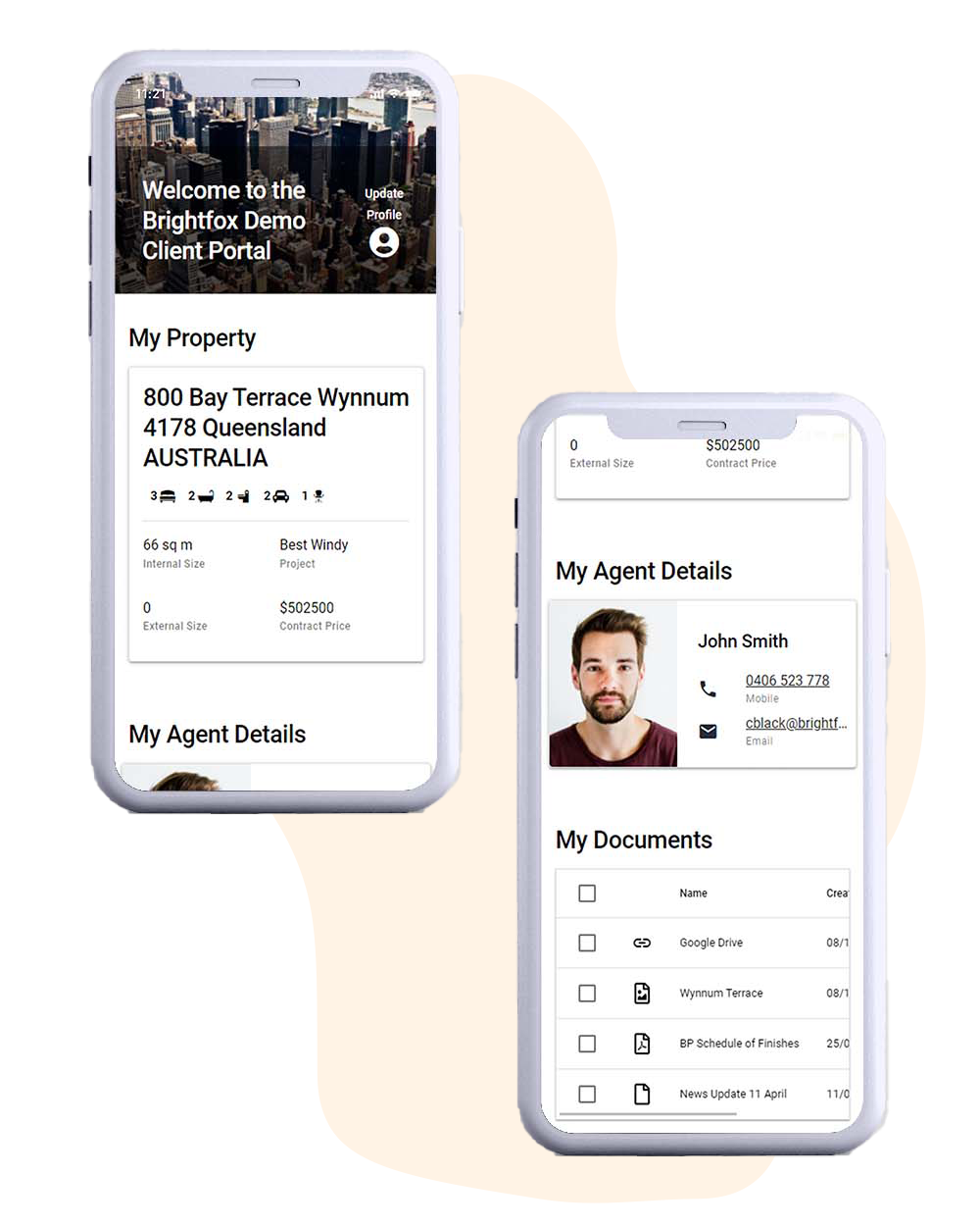 Brightfox Client Portal shown on two phones — property details, agent details and documents