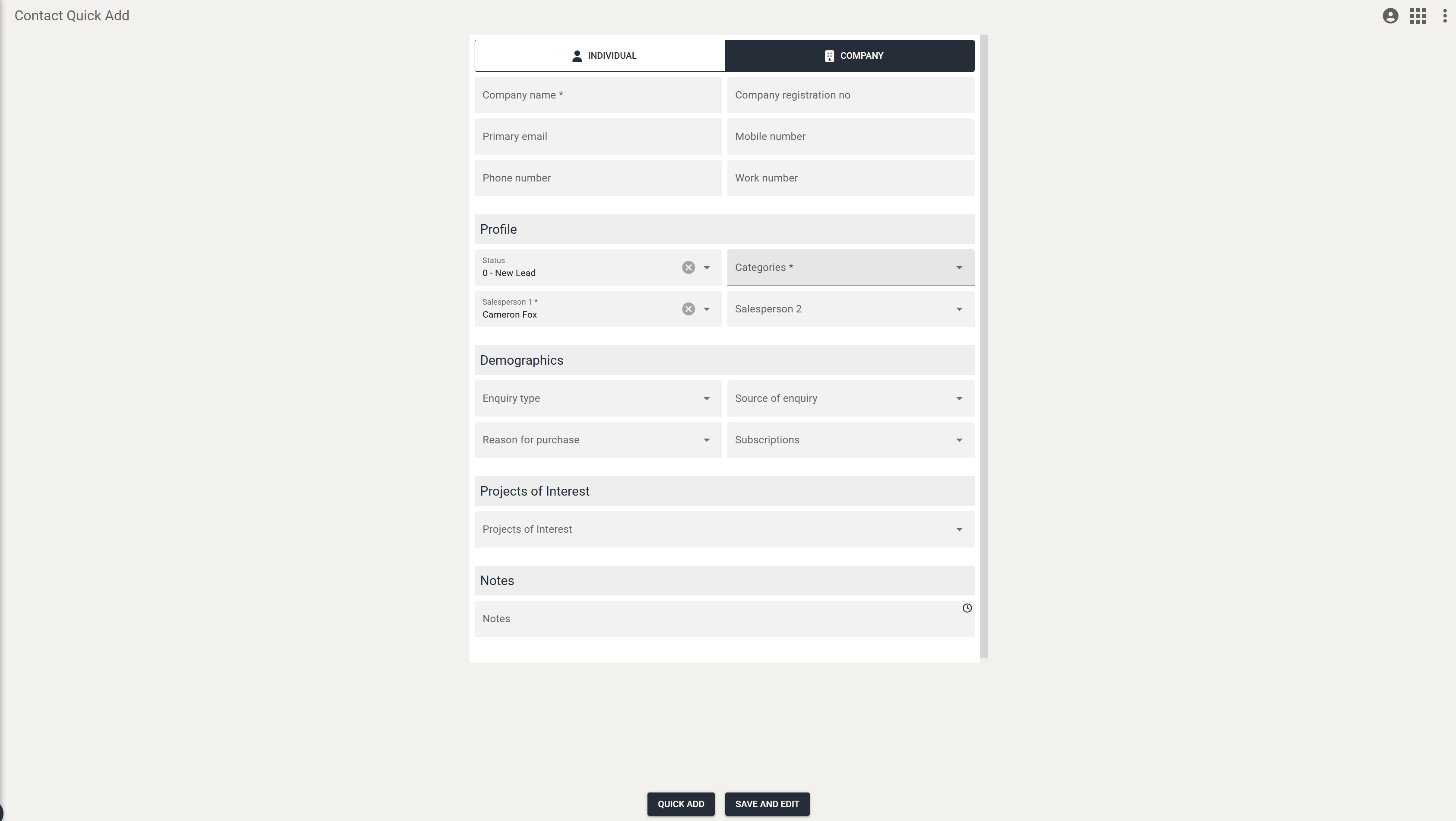 The Company registration number field on the Company tab of Contact Quick Add.