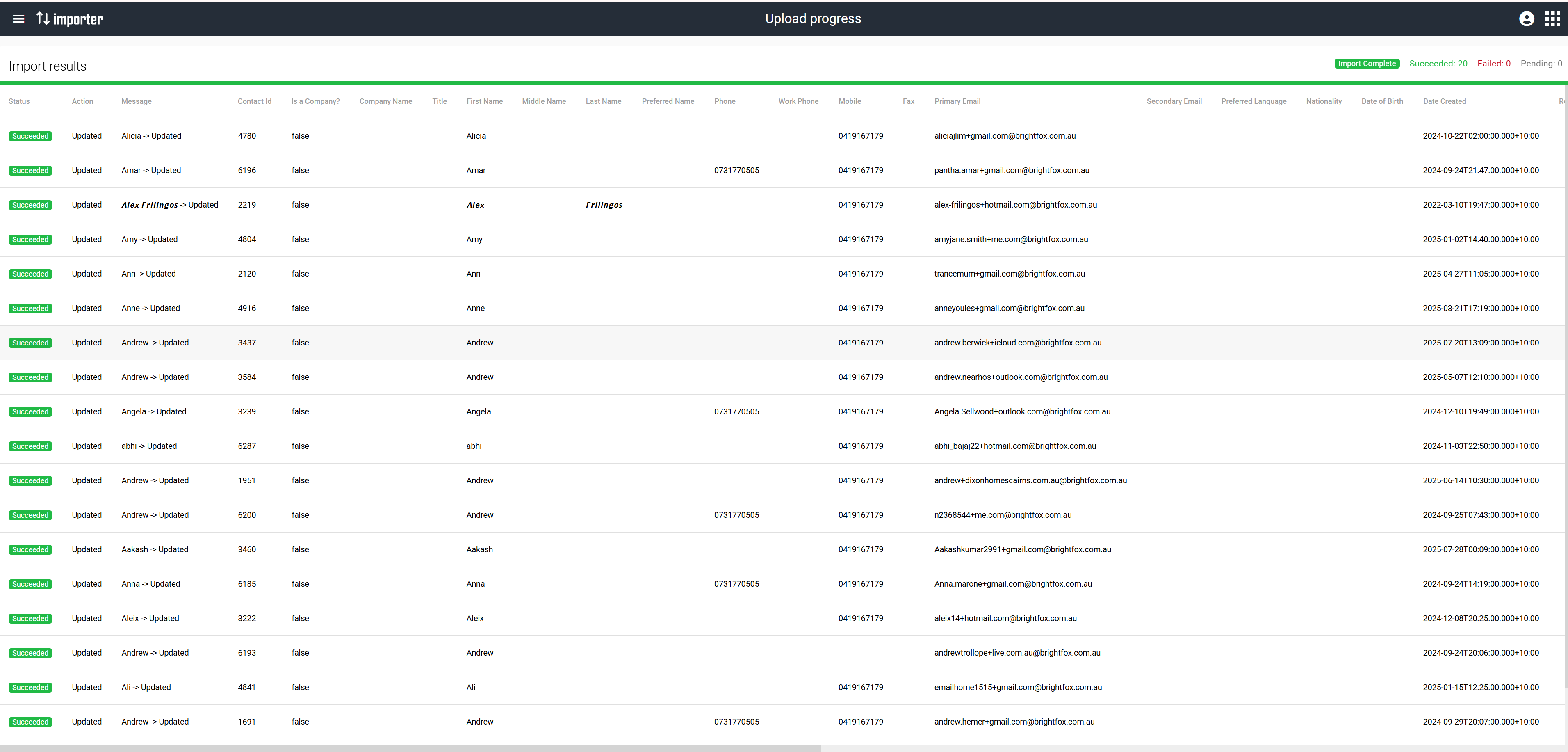 Import results show each row's status and message as it processes, with a running succeeded / failed / pending count.