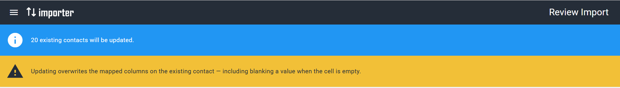 The Review Import step summarises what will happen before anything is saved.