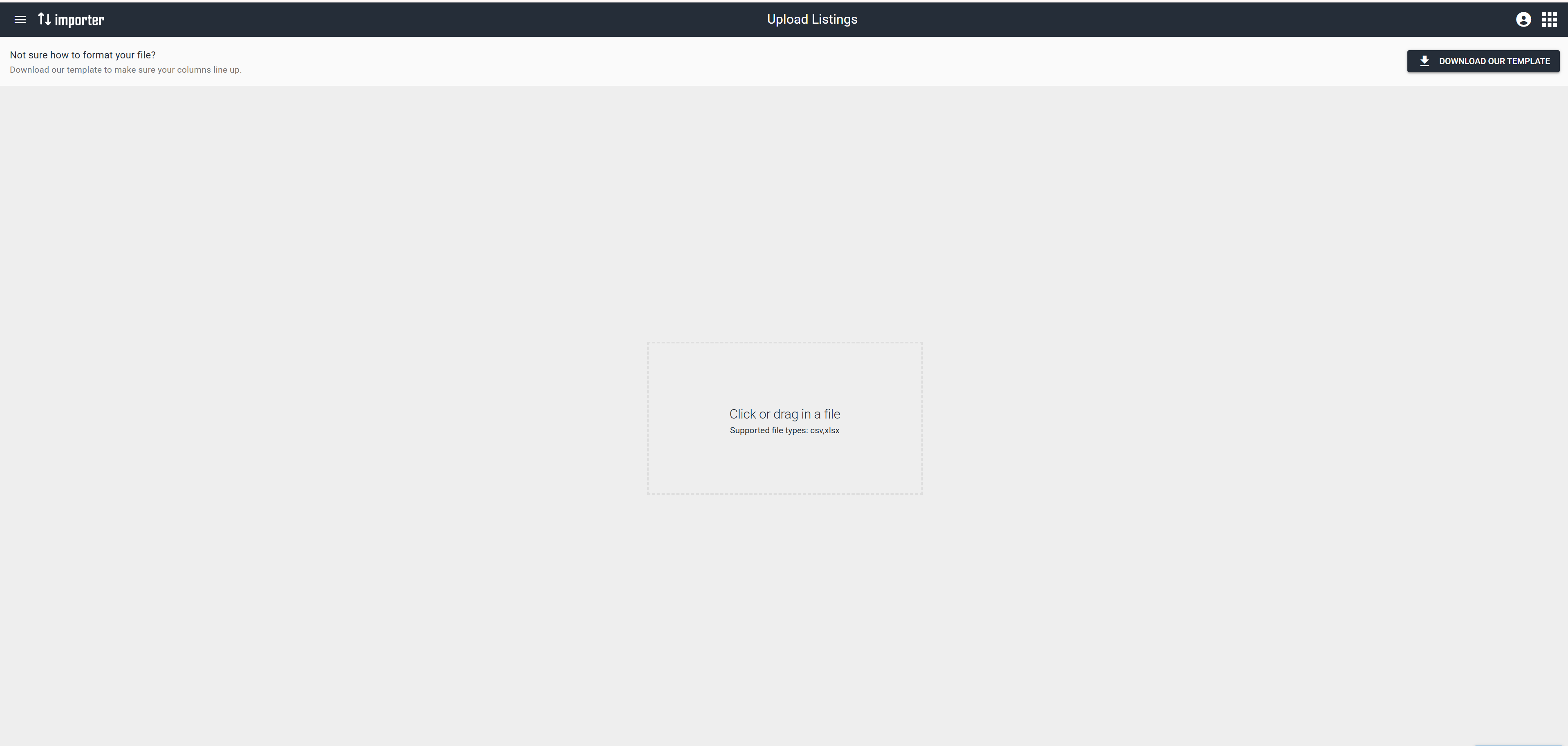 Download Our Template sits at the top of the upload step, so you can grab the current template before selecting your file.