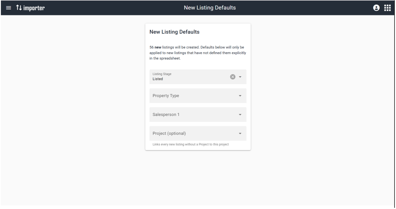 The New Listing Defaults step, showing how many new listings will be created and the defaults that will apply to them.